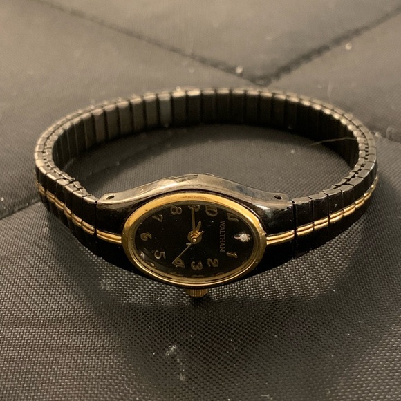 Waltham Vintage Diamond Accent Wrist Watch, Black And Gold main image 6